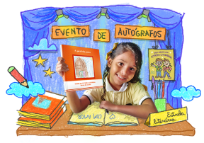 Um menino e uma menina através da tela do computador escrevendo seus livros enquanto acenam para a professora. Há também ilustrações coloridas de um livro, uma nuvem e o planeta Terra.